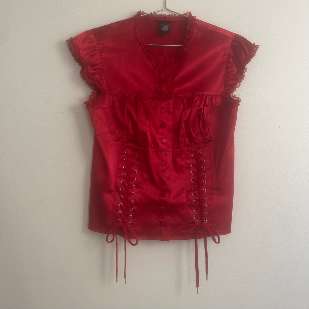 Moda International Red Satin Lace-Up Blouse